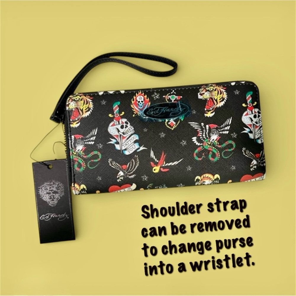 Ed Hardy Love Kills Wallet,Wristlet/Convertible CrossBody with Guitar Strap, NEW
